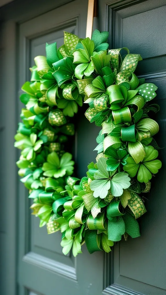 A green St. Patrick's Day themed wreath with ribbons and shamrocks hanging on a garage door.