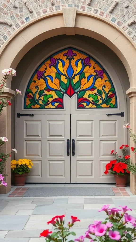 Stained glass arched garage door with floral patterns and flower pots