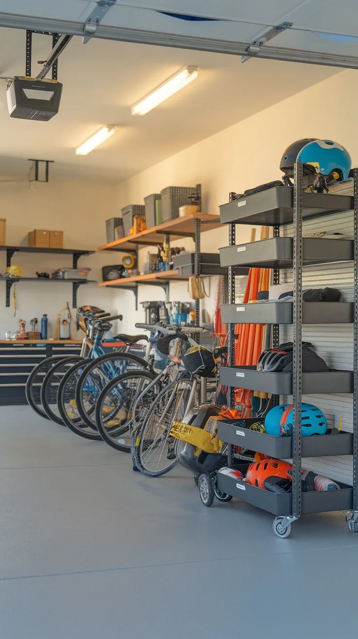 A spacious garage featuring a storage cart with wheels alongside bicycles and organized shelves.