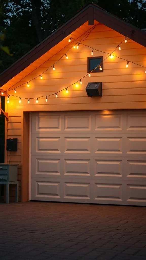 A garage with string lights creating a warm glow