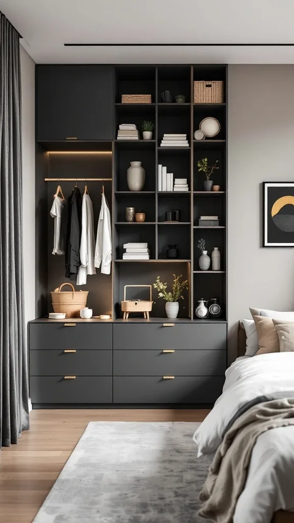 A stylish storage solution in a minimalist bedroom featuring an organized shelving unit and a dresser.