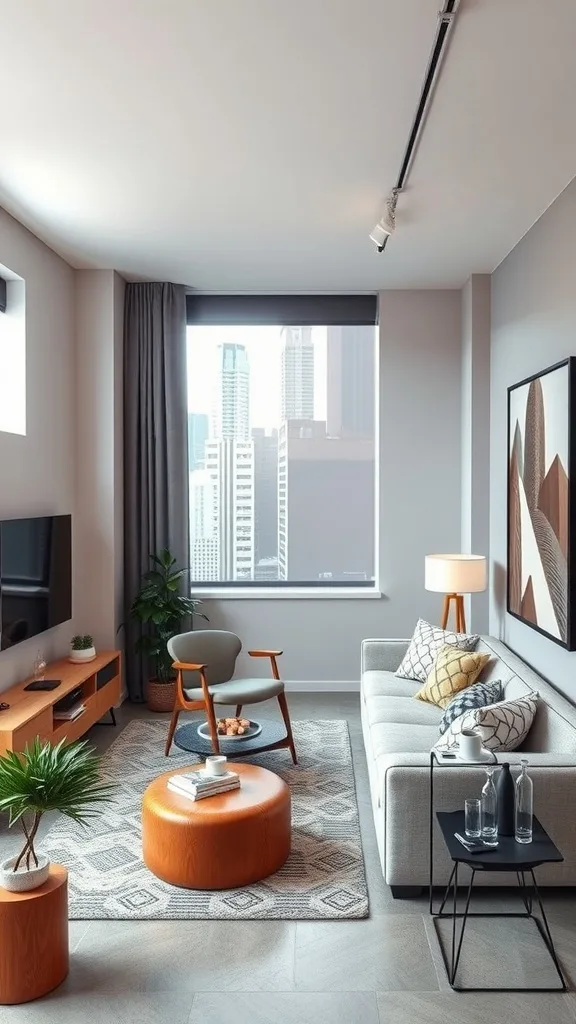 A cozy living room in an urban apartment, featuring a sofa, coffee table, and large window with a city view.