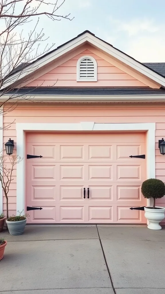 A garage painted in subtle blush pink with a matching garage door, accented by black hardware and potted plants.