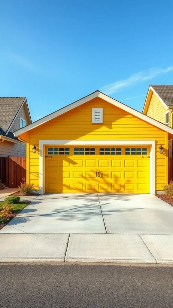 A bright yellow garage with a clear blue sky in the background