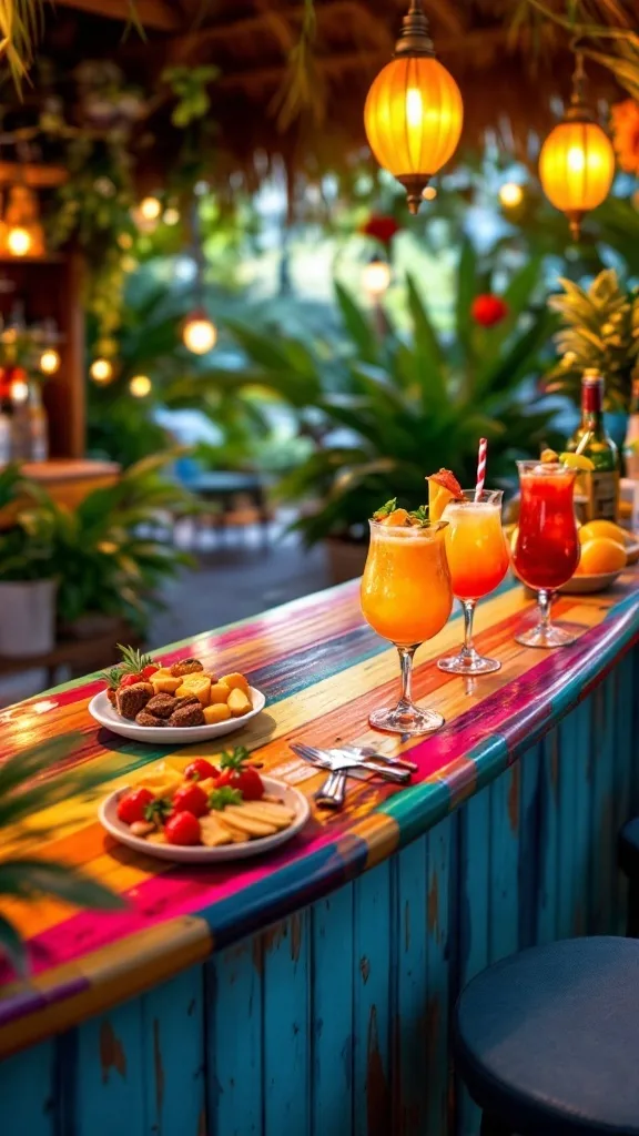 Colorful surfboard bar top with cocktails and snacks