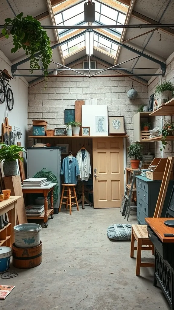 A bright and organized art studio in a garage with plants, shelves, and natural light.