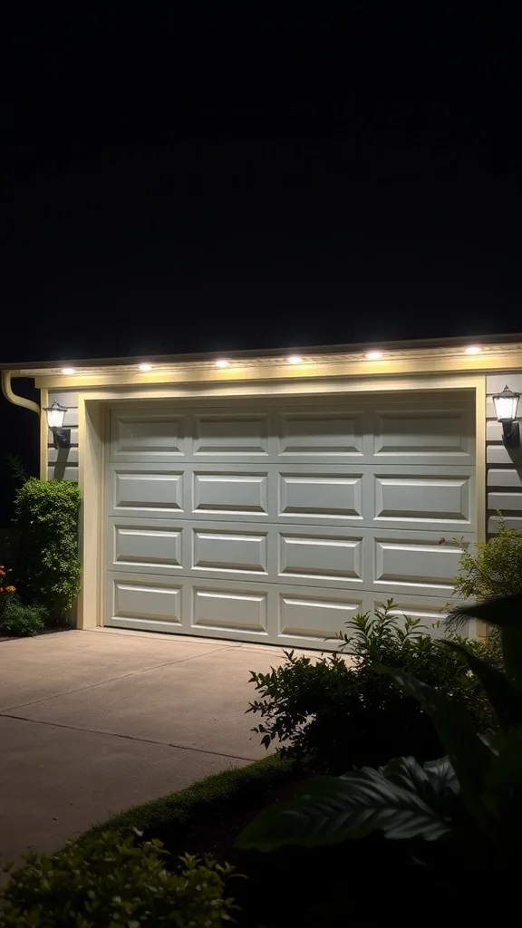 A well-lit garage with solar lights illuminating the area.