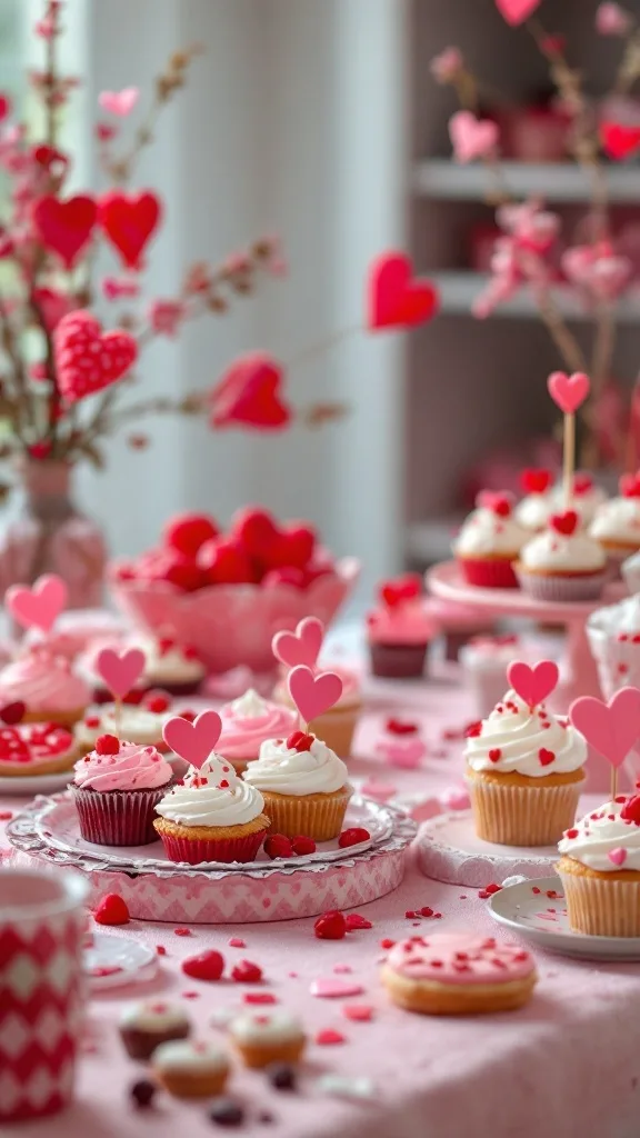 A festive display of cupcakes, cookies, and other treats decorated with hearts for Valentine's Day.