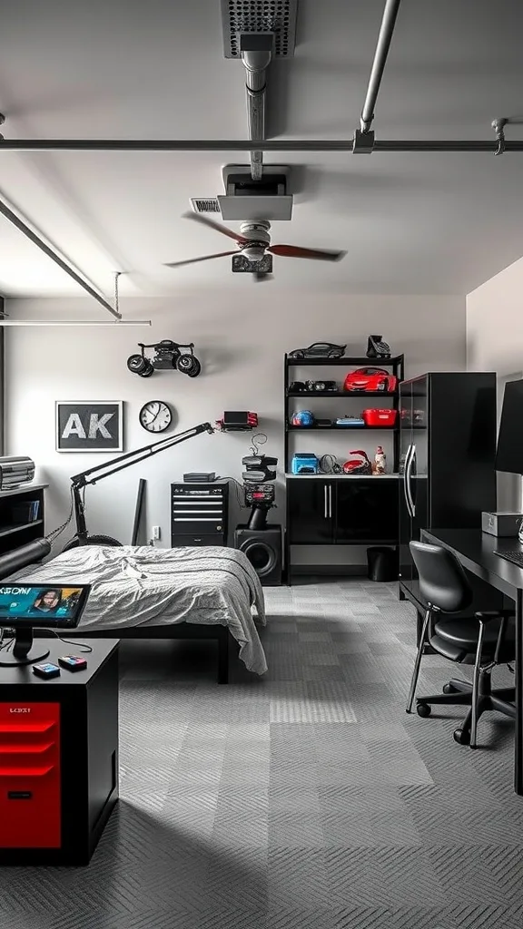 A modern garage bedroom with a sleek bed, workspace, and tech features