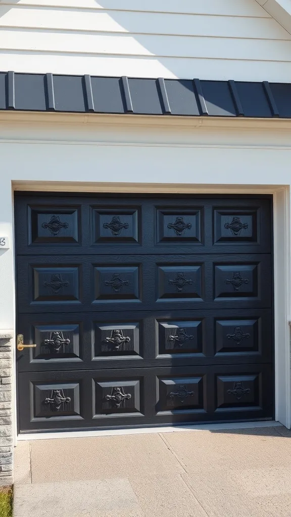 Black garage door with a textured finish and decorative handles.