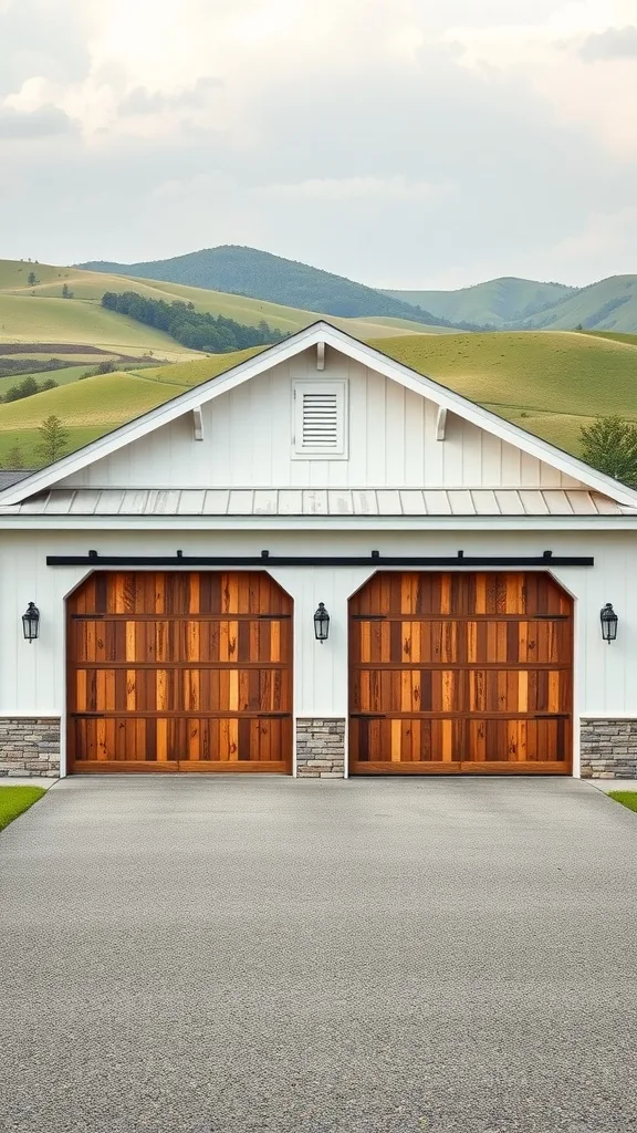 A farmhouse with textured metal garage doors, surrounded by green hills.