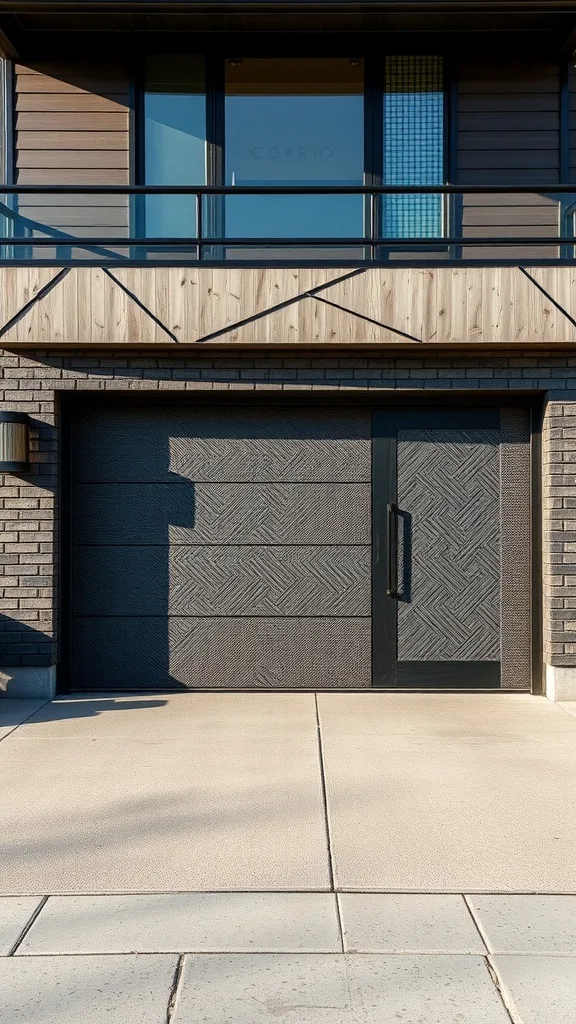 A modern textured steel garage door with geometric patterns, complemented by a sleek handle and surrounding architecture.