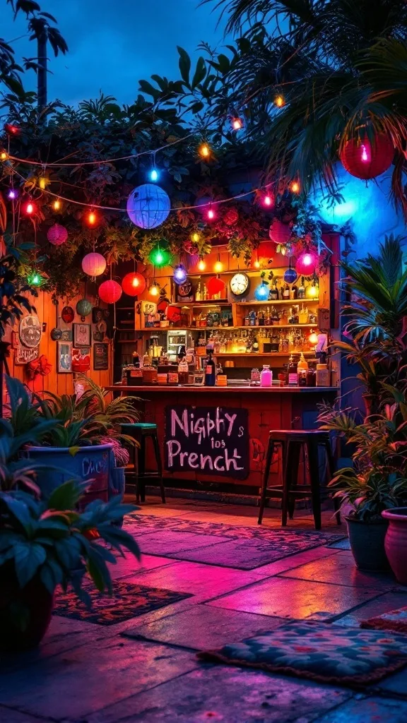 A colorful garage bar setup with bright lights and a variety of drinks.