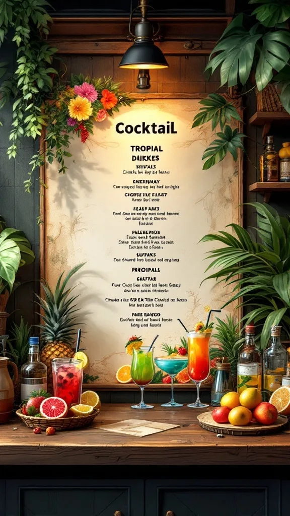 A colorful cocktail menu with tropical drinks and fresh ingredients displayed in a garage bar setting.