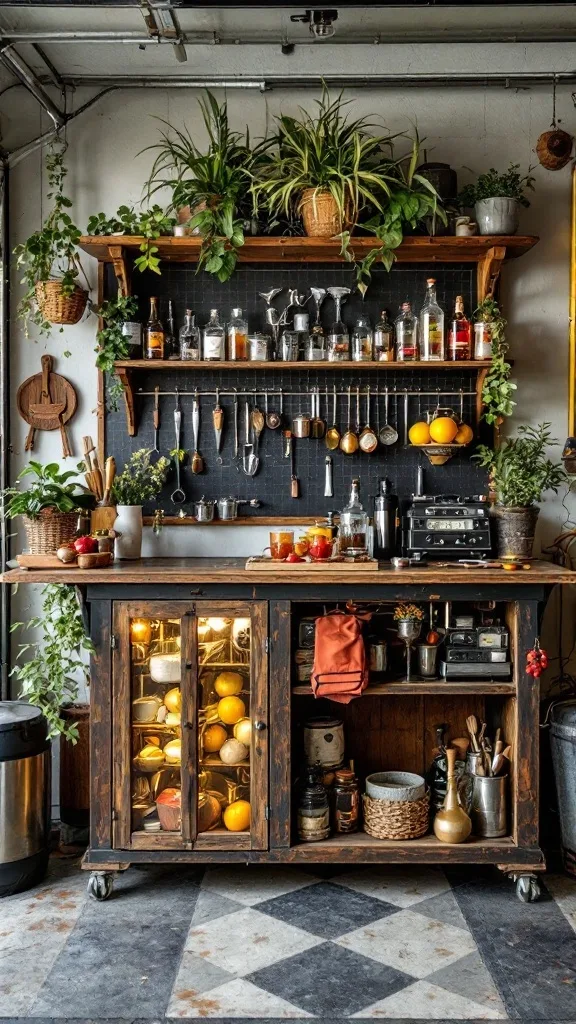 A themed cocktail station in a garage with shelves of liquor bottles and bar tools.