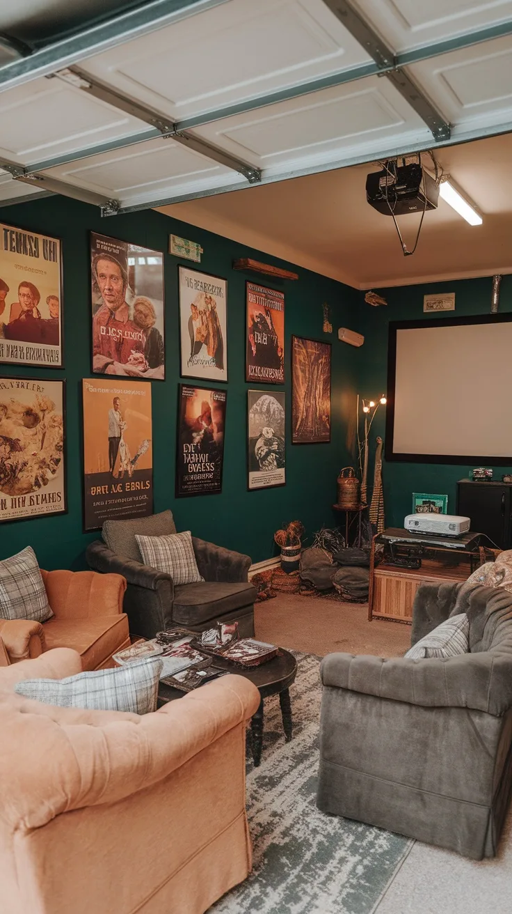 A cozy garage conversion featuring a movie room with green walls, vintage movie posters, and comfortable seating.