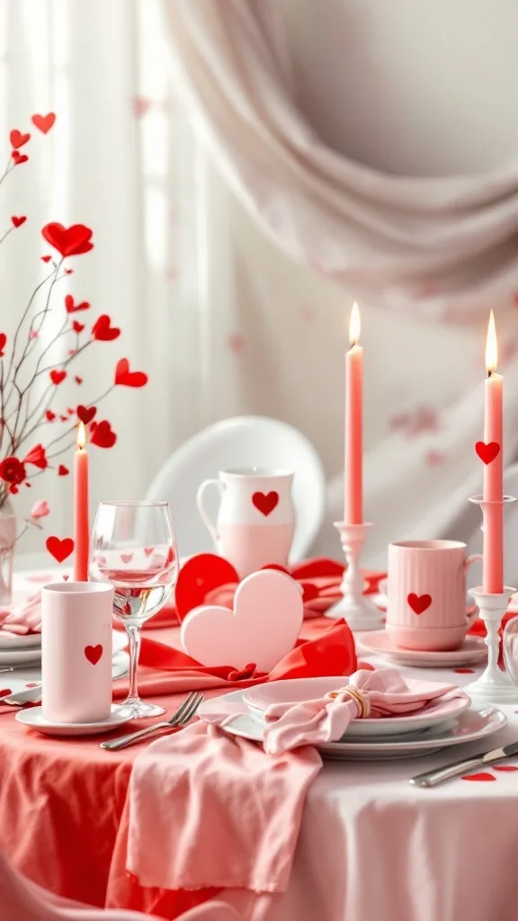 A beautifully decorated table for a Valentine's Day party with heart-themed items.