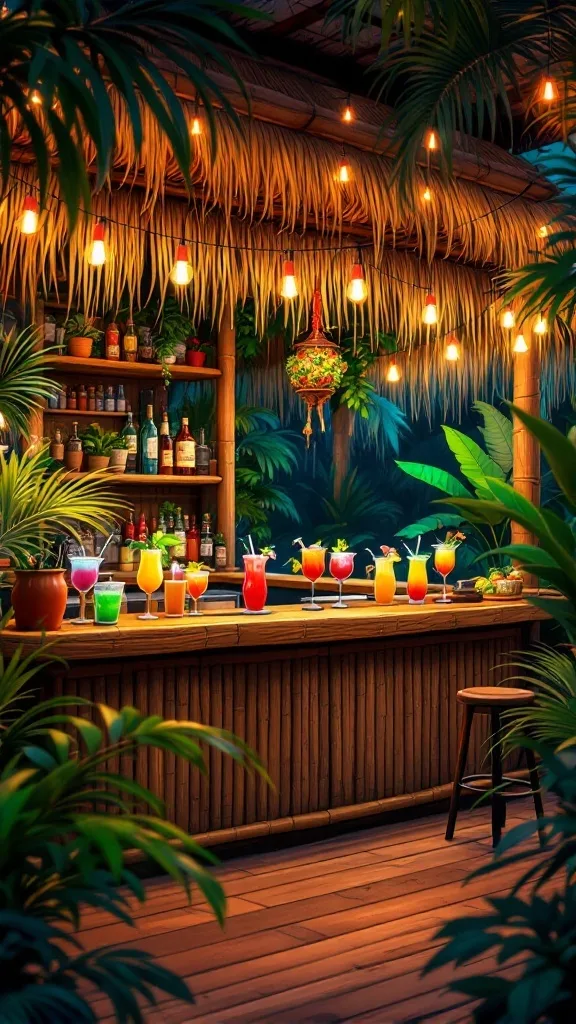 A tropical tiki bar with colorful cocktails and bamboo structure surrounded by lush plants