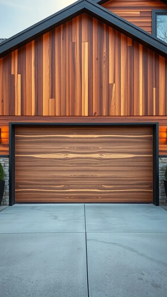 A timber-clad garage door featuring horizontal wood planks, set against a modern home design.