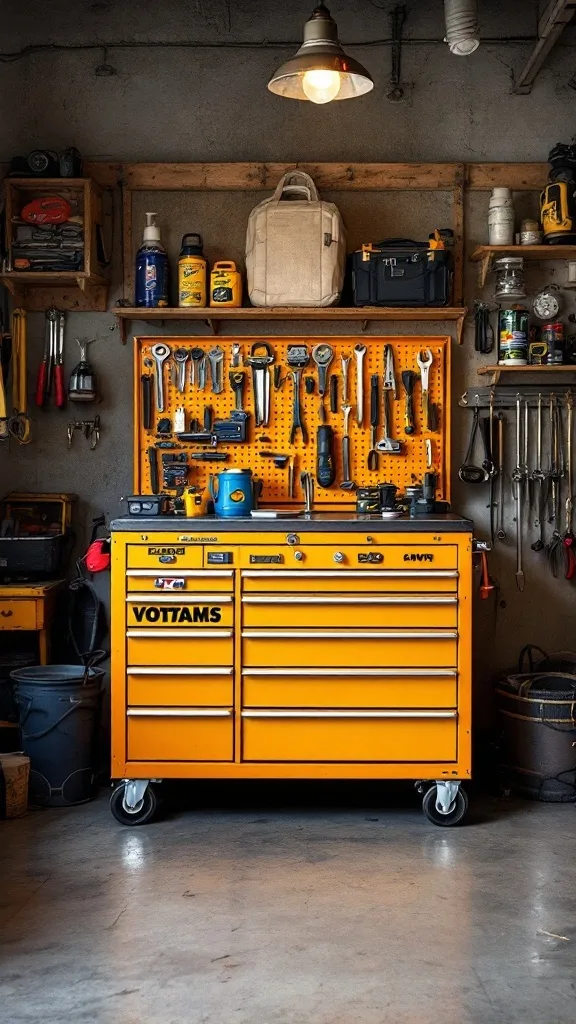 A bright yellow tool chest in a garage, surrounded by organized tools and a pegboard.