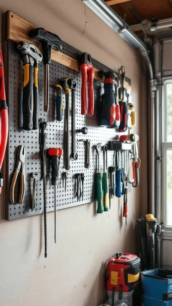 A wall-mounted tool organizer featuring various tools arranged on magnetic strips.