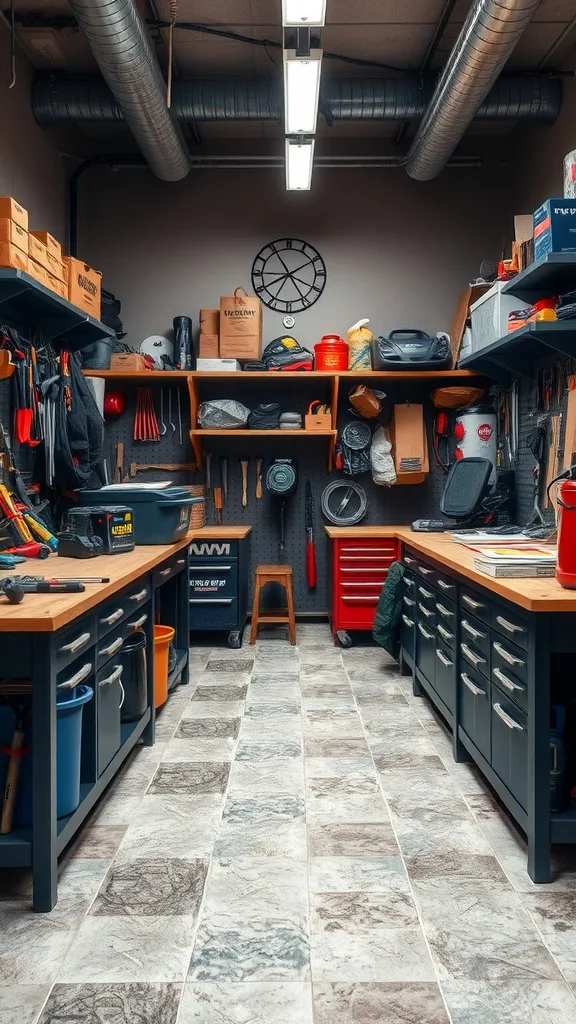 Well-organized garage workspace with tool storage and workbenches