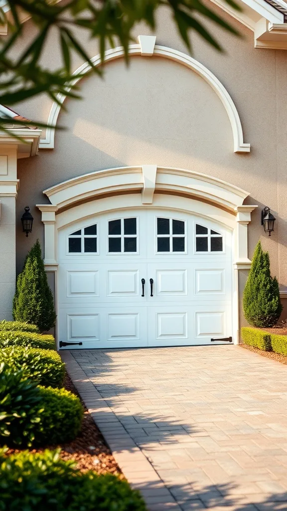 Traditional arched double garage door with decorative elements and landscaping