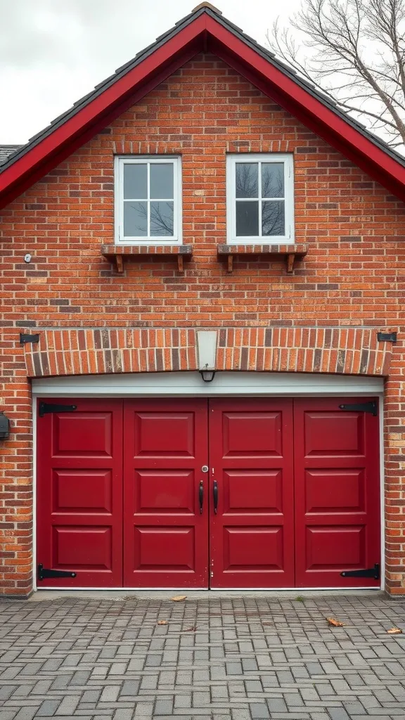 Garage exterior with brick red doors and red accents