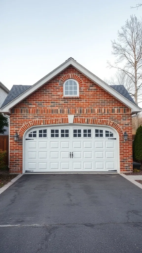 Traditional gabled garage with brick facade and white doors