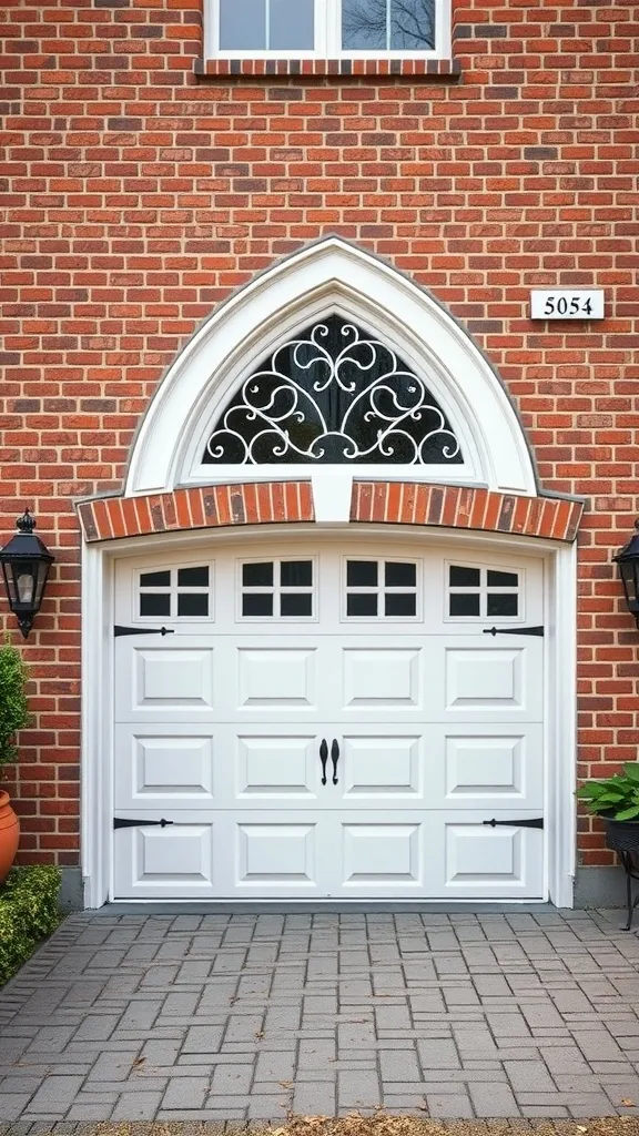 Traditional panel garage door with arched top on a brick house