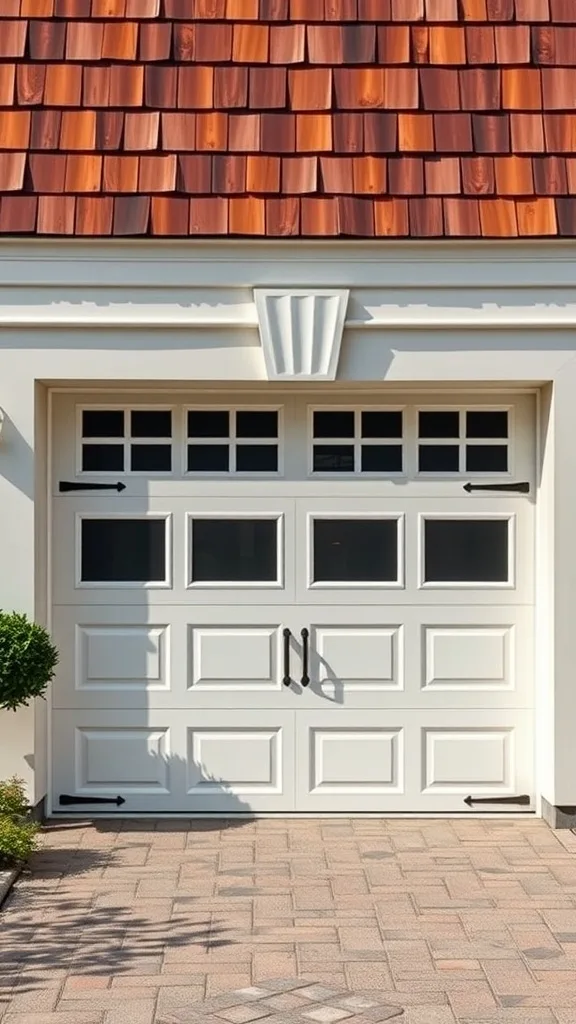 Traditional style garage door with modern touches, featuring a white paneled design and black handles.