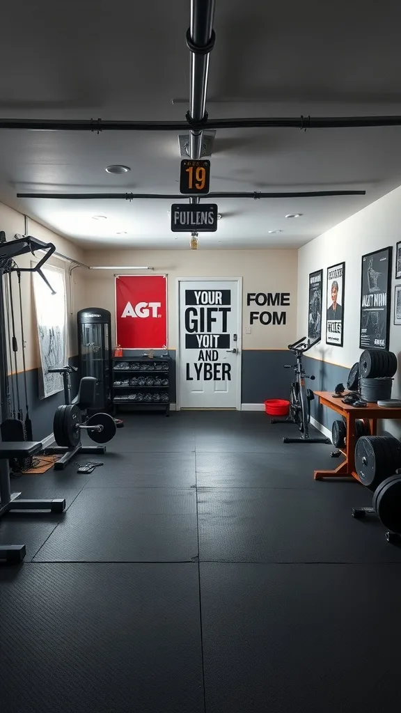 A garage transformed into a home gym with various workout equipment and motivational decor.