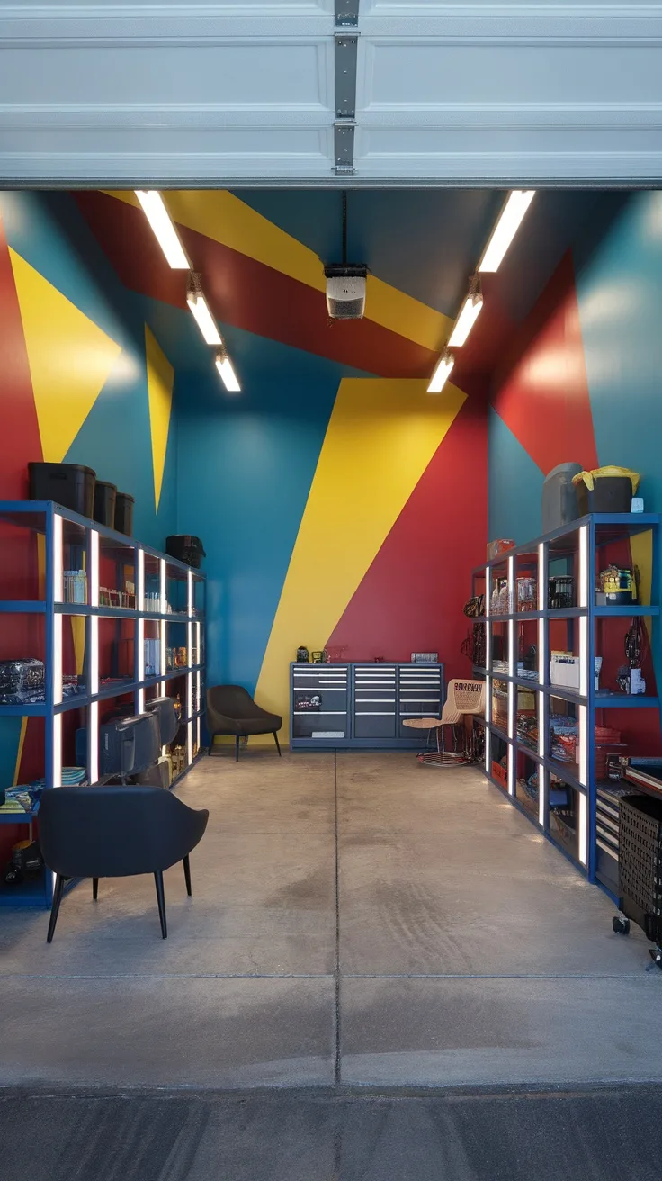 Garage with bold geometric wall patterns in blue, yellow, and red, featuring organized shelving and seating.