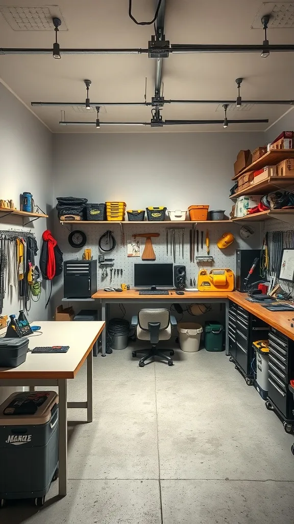 Well-organized garage workspace with two tables, storage, and tools.