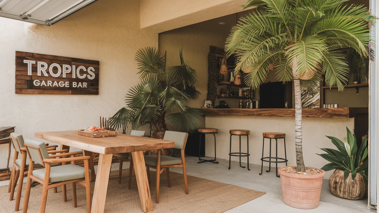 A tropical garage bar with a wooden sign that says "Tropics Garage Bar". There's a wooden table with a few chairs. A potted palm tree stands near the bar. The bar has a few stools. There are tropical plants and a few items around the bar. The walls have a textured finish and are painted beige. The floor is covered with a beige rug.