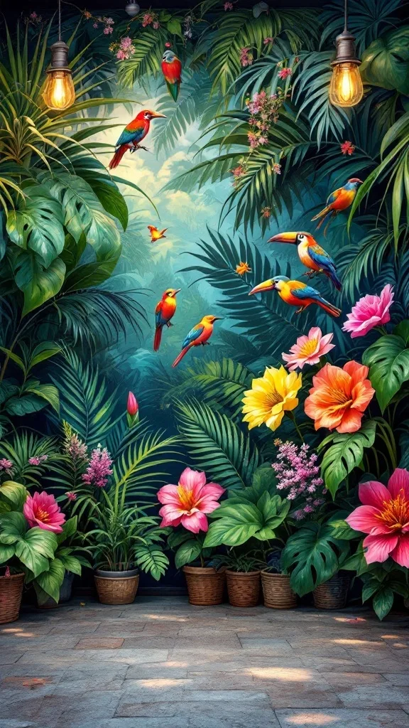 Tropical-themed wall art featuring colorful birds, vibrant flowers, and lush green leaves.