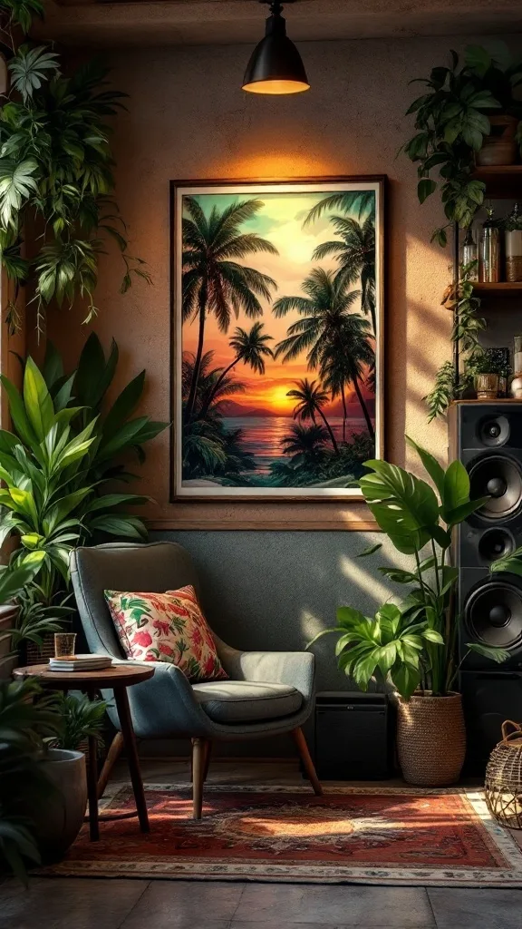 A cozy tropical music setup with a comfortable chair, palm tree painting, and speakers surrounded by greenery.