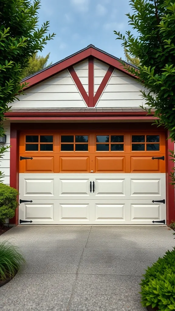 Two-tone garage door with orange and white sections, surrounded by greenery