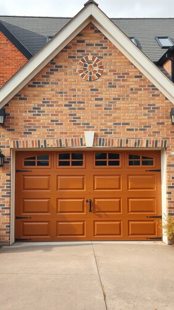 A two-tone garage door in orange on a brick house.