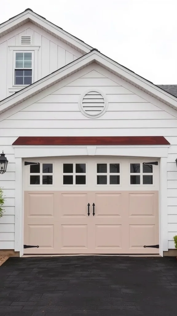 A two-tone painted garage door in soft pink and white, showcasing a farmhouse style.