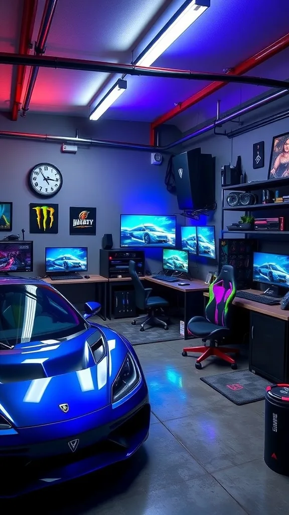 Cozy gaming setup in a garage with LED lights and a large screen