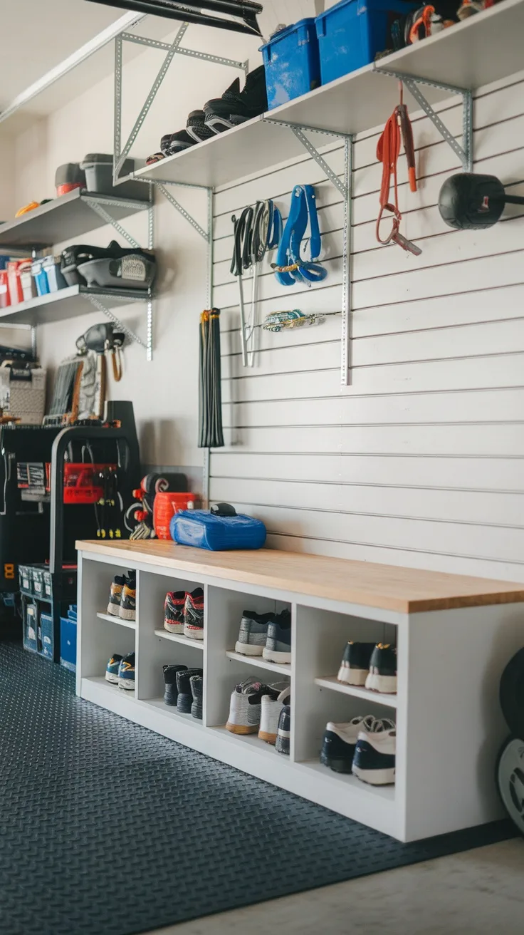 A garage with a wooden bench and organized shoe storage underneath