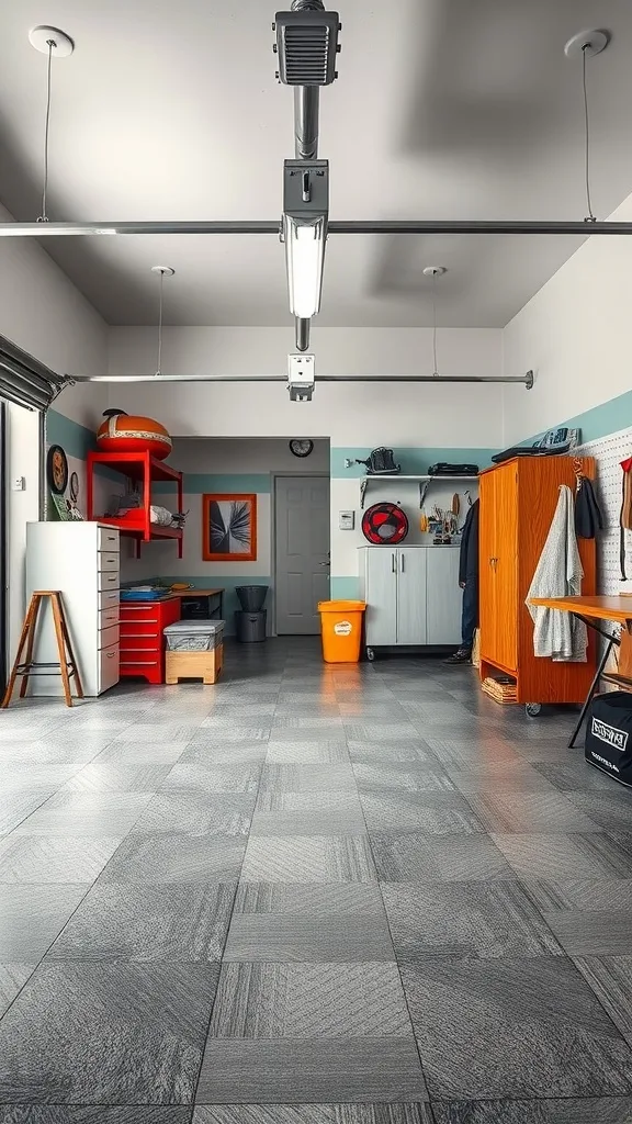 Stylish garage interior showcasing modern flooring and organized storage.