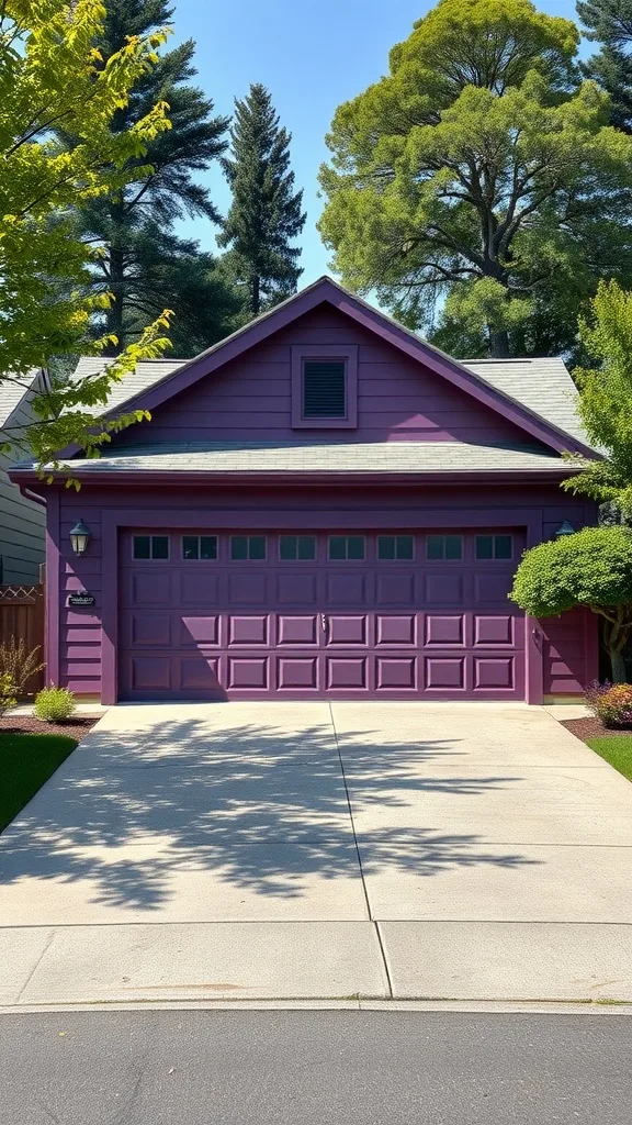 A garage painted in plum purple surrounded by trees and shrubs.