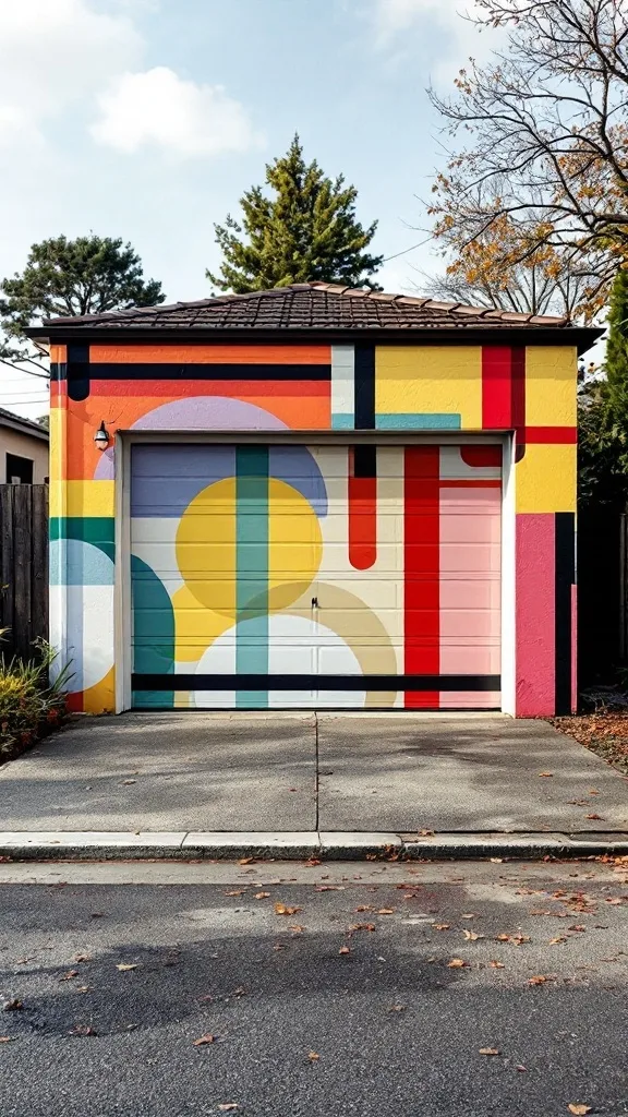 Colorful garage wall with geometric shapes and bright colors