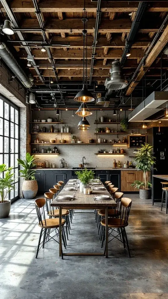 A stylish industrial dining room with wooden table, metal chairs, and greenery.