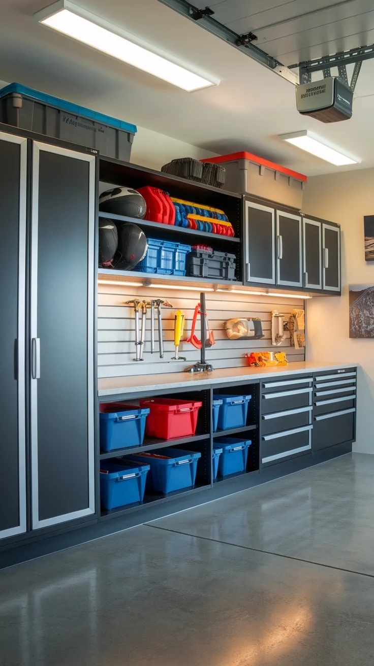 Organized garage with multi-purpose cabinets, bins, and tools