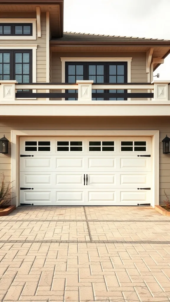 White garage door with black handles against a beige house exterior