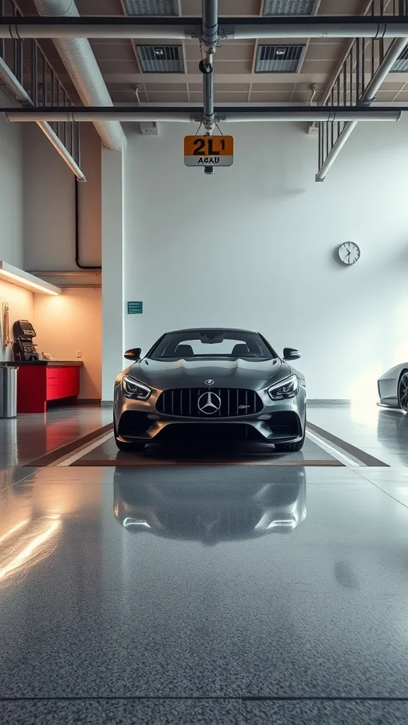 A sleek car in a polished garage with modern flooring and clean design.