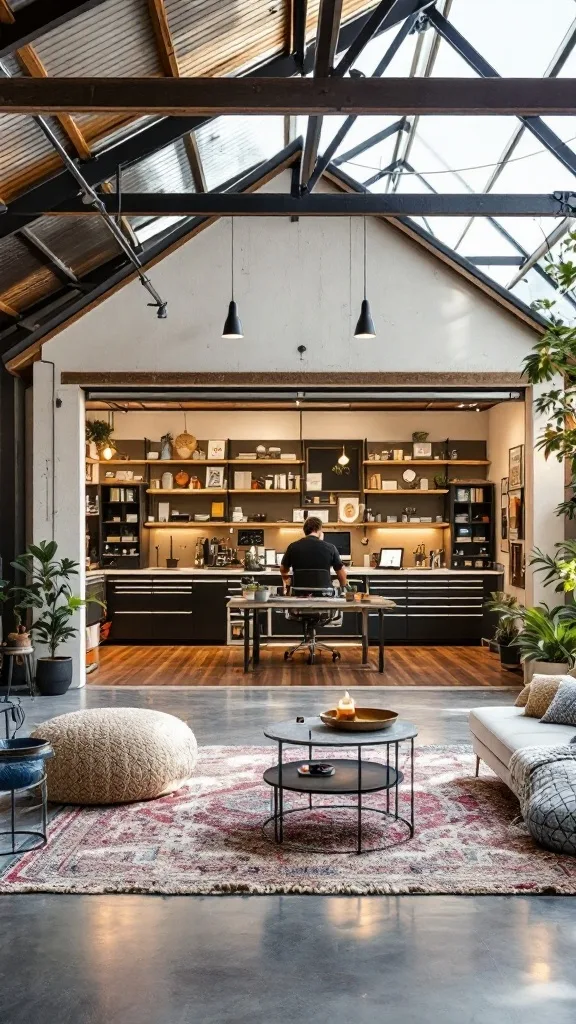 Urban loft garage with a creative workspace and outdoor seating area